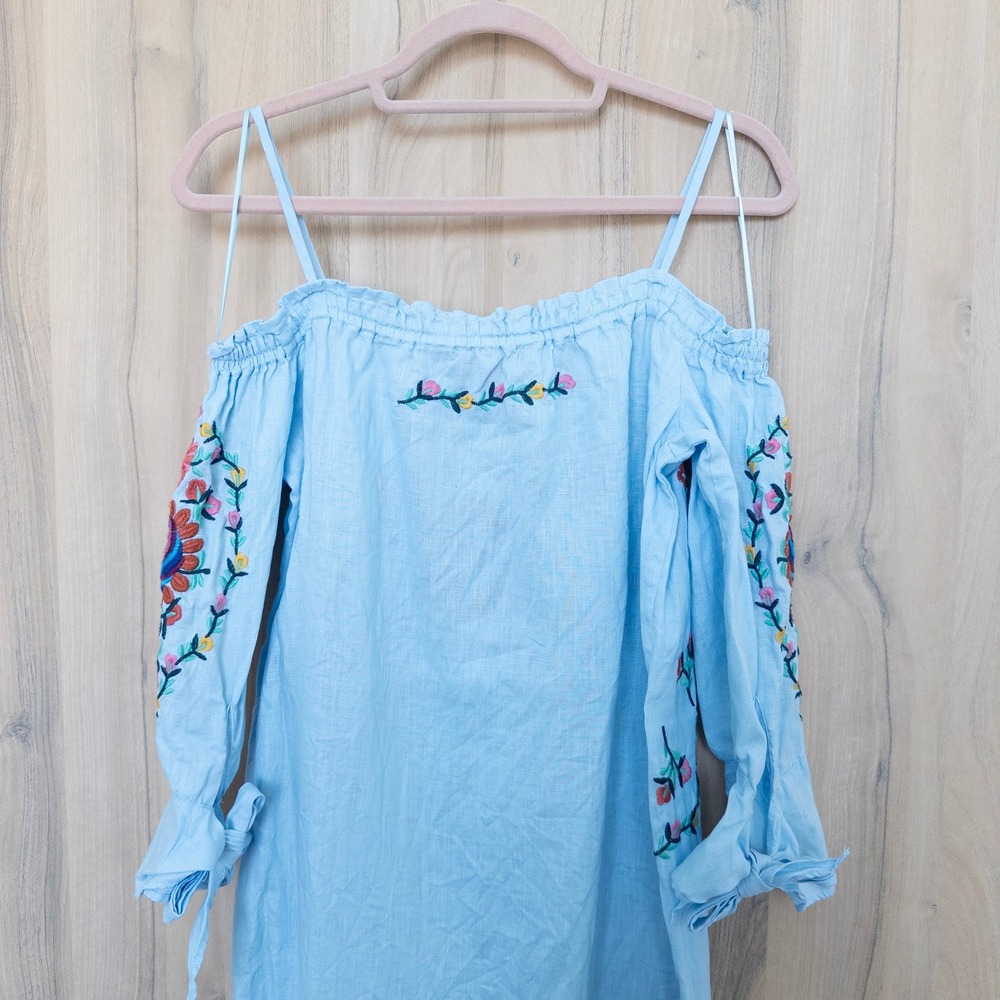 Philosophy Linen Embroidered Floral Dress Small Blue Cold Shoulder Boho Cottage - Picture 8 of 9